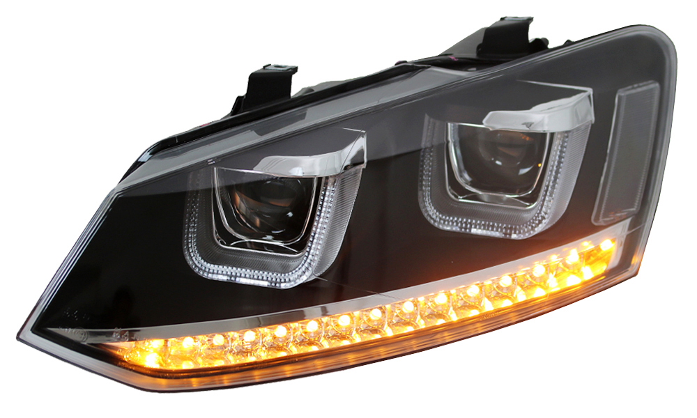 Scheinwerfer U-Tube Tagfahrlicht Optik für VW Polo 6R 6C Schwarz mit dynamischem LED Blinker