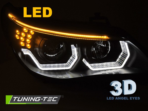 Scheinwerfer 3D Angel Eyes für BMW 5er E60 E61 Bj. 03-07 Schwarz mit LED Blinker