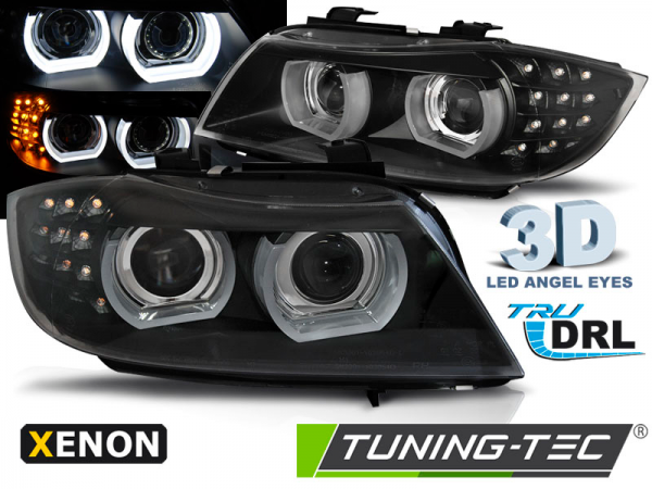 Xenon Scheinwerfer 3D Angel Eyes für BMW 3er E90 E91 LCI Bj. 09-12 Schwarz