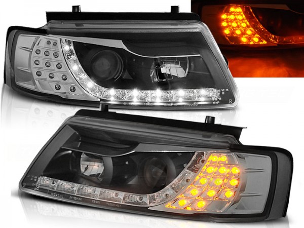 Scheinwerfer LED Tagfahrlicht Optik für VW Passat 3B Bj. 96-00 Schwarz mit LED Blinker