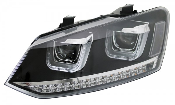 Scheinwerfer U-Tube Tagfahrlicht Optik für VW Polo 6R 6C Schwarz mit dynamischem LED Blinker