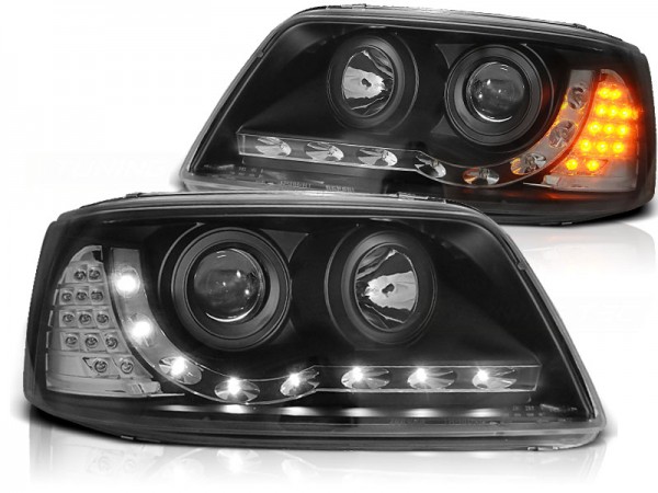 Scheinwerfer LED Tagfahrlicht Optik für VW T5 Bj. 03-09 Schwarz mit LED Blinker