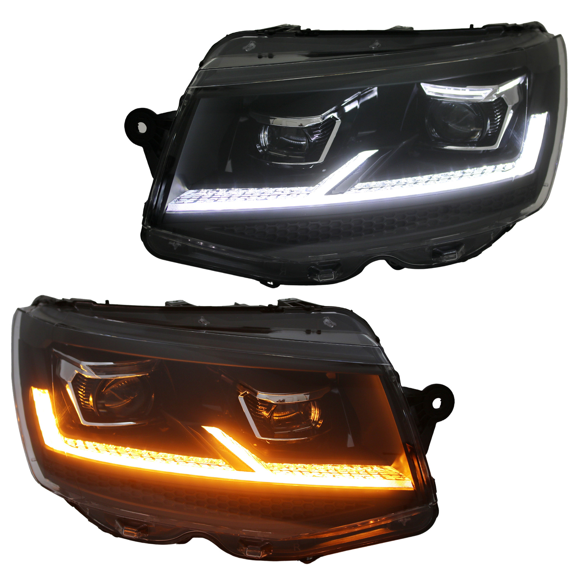 VOLL LED Tagfahrlicht Scheinwerfer für VW T5 GP (Facelift) 10-15 schwarz  mit dynamischem LED Blinker und Begrüßungsfunktion