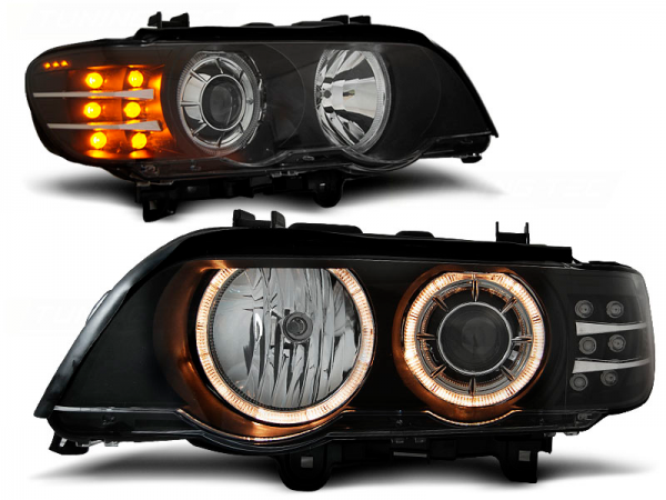 Scheinwerfer Angel Eyes für BMW X5 E53 Bj. 99-03 Schwarz mit LED Blinker