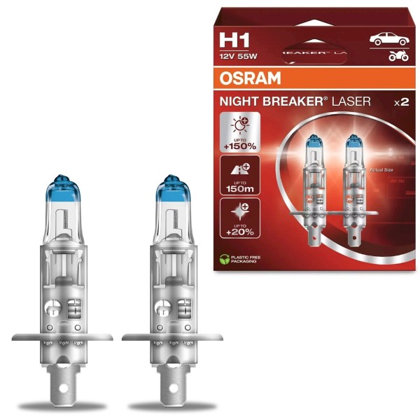 OSRAM Night Breaker Laser H1 55W +150% 3400K Duo Box Halogen