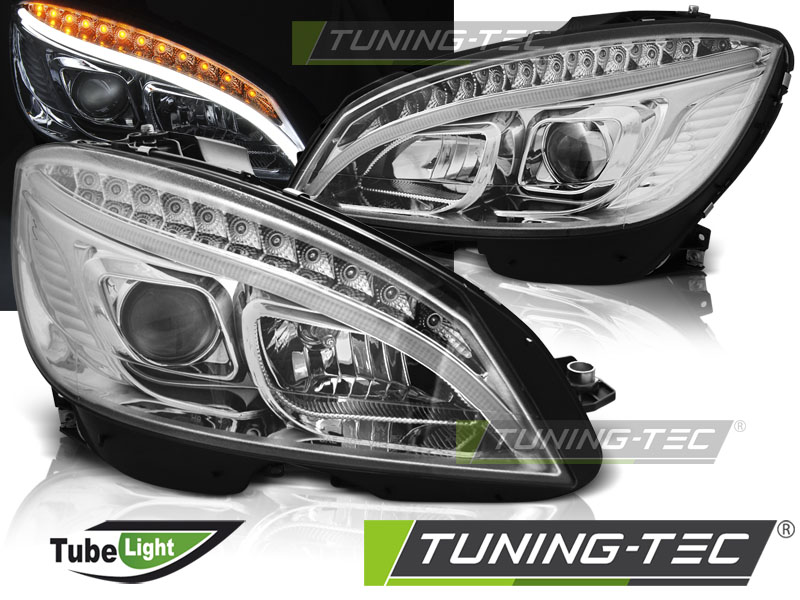 Scheinwerfer LED Tagfahrlicht Optik für Mercedes C-Klasse W204 Bj. 07-10 Chrom LTI