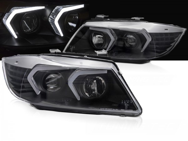 Scheinwerfer 3D Angel Eyes für BMW 3er E90 E91 Bj. 05-08 Schwarz mit LED Blinker