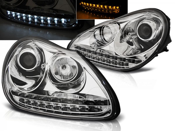 Xenon Scheinwerfer LED Tagfahrlicht Optik für Porsche Cayenne 955 Bj. 02-06 Chrom