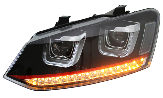 Scheinwerfer U-Tube LED Tagfahrlicht Optik für VW Polo 6R 6C Bj. 09-17 Schwarz mit rotem Streifen
