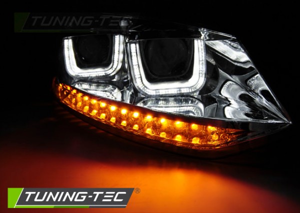 Scheinwerfer U-Tube Tagfahrlicht Optik für VW Polo 6R 6C Chrom mit dynamischem LED Blinker