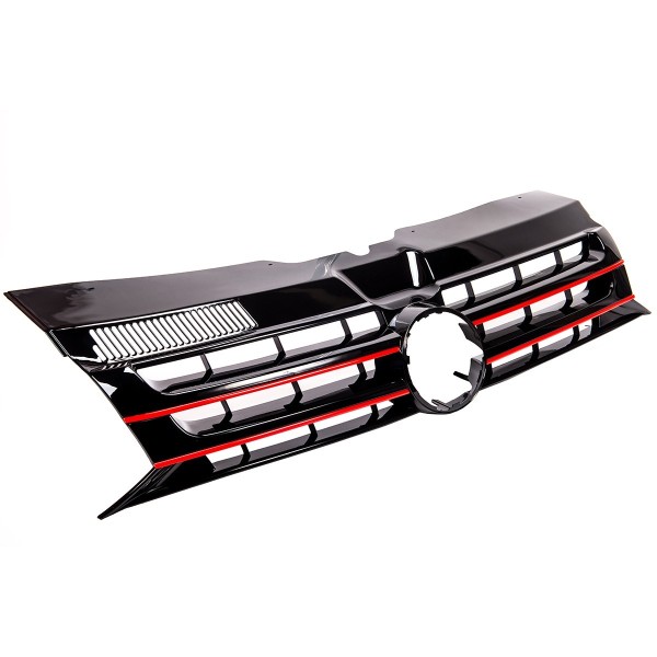 Kühlergrill mit Emblemhalter für VW T5 GP Bj. 2009-2015 Schwarz Glanz Rot