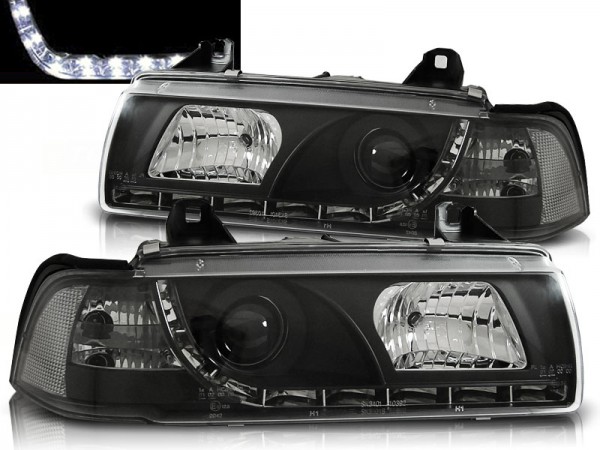 Scheinwerfer LED Tagfahrlicht Optik für BMW 3er E36 Limo Touring Bj. 90-99 Schwarz