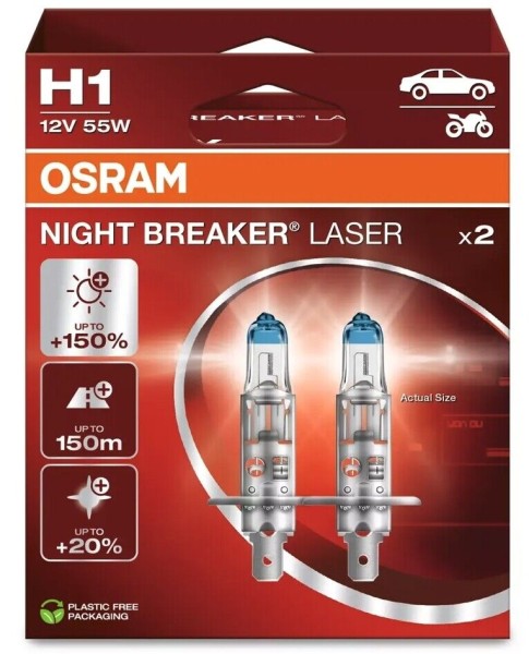 OSRAM Night Breaker Laser H1 55W +150% 3400K Duo Box Halogen