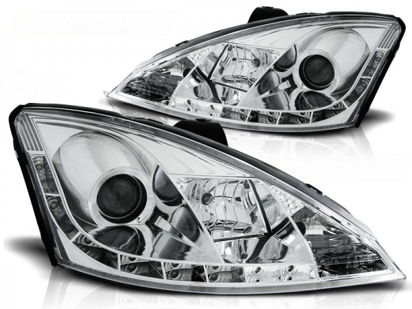 Scheinwerfer LED Tagfahrlicht Optik für Ford Focus MK1 Bj. 98-01 Chrom