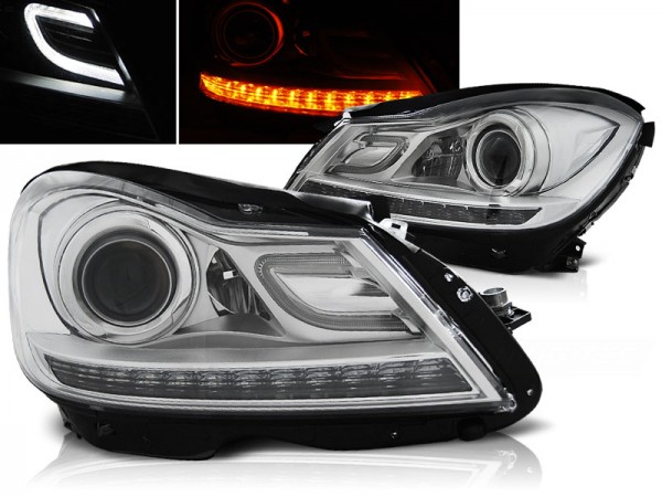 Scheinwerfer LED Tagfahrlicht Optik für Mercedes C-Klasse W204 Bj. 11-15 Chrom