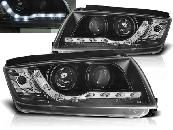 Scheinwerfer LED Tagfahrlicht Optik für Skoda Fabia 1 Bj. 99-08 Schwarz inkl. Stellmotor
