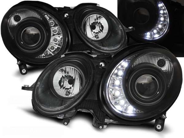 Scheinwerfer LED Tagfahrlicht Optik für Mercedes E-Klasse W211 Bj. 02-06 Schwarz