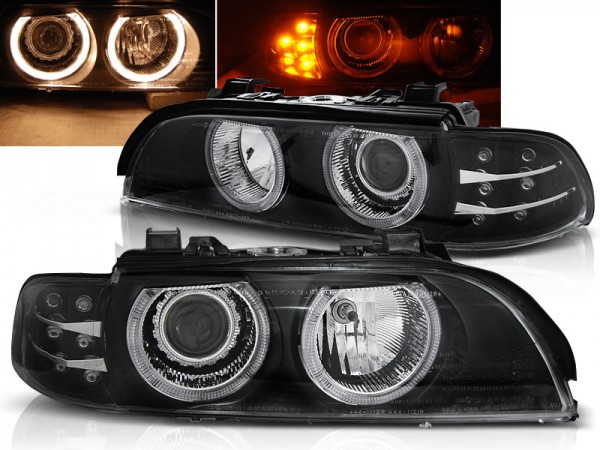 Scheinwerfer Angel Eyes für BMW 5er E39 Bj. 95-00 Schwarz mit LED Blinker
