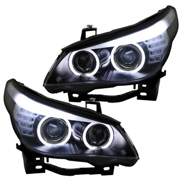 Scheinwerfer Angel Eyes für BMW 5er E60 E61 Bj. 03-07 Schwarz mit LED Blinker