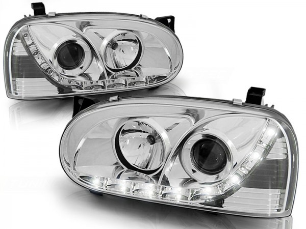 Scheinwerfer LED Tagfahrlicht Optik für VW Golf 3 91-97 Chrom