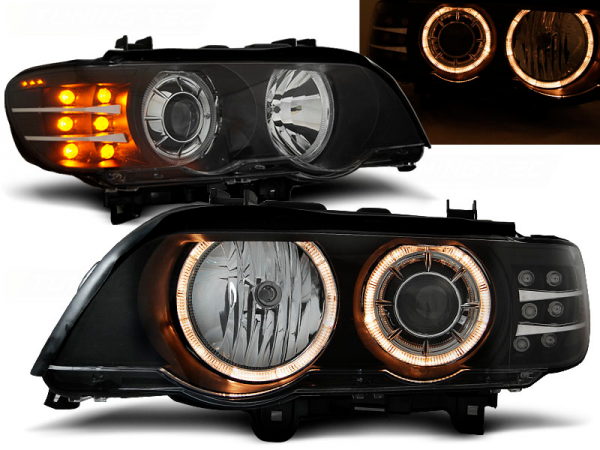 Scheinwerfer Angel Eyes für BMW X5 E53 Bj. 99-03 Schwarz mit LED Blinker