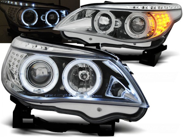 Scheinwerfer Angel Eyes für BMW 5er E60 E61 Bj. 03-07 Chrom mit LED Blinker