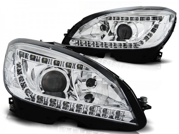 Xenon Scheinwerfer LED Tagfahrlicht Optik für Mercedes C-Klasse W204 Bj. 07-10 Chrom