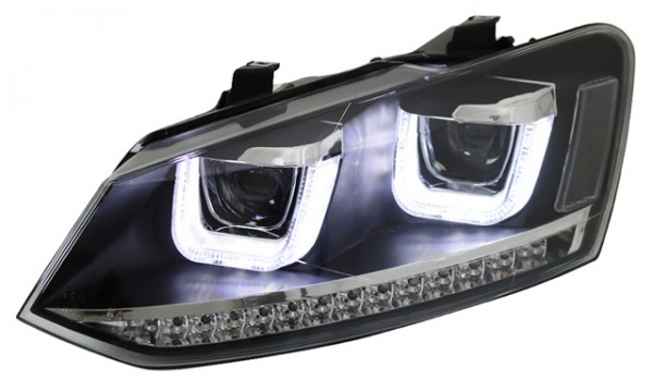 Scheinwerfer U-Tube LED Tagfahrlicht Optik für VW Polo 6R 6C Bj. 09-17 Schwarz