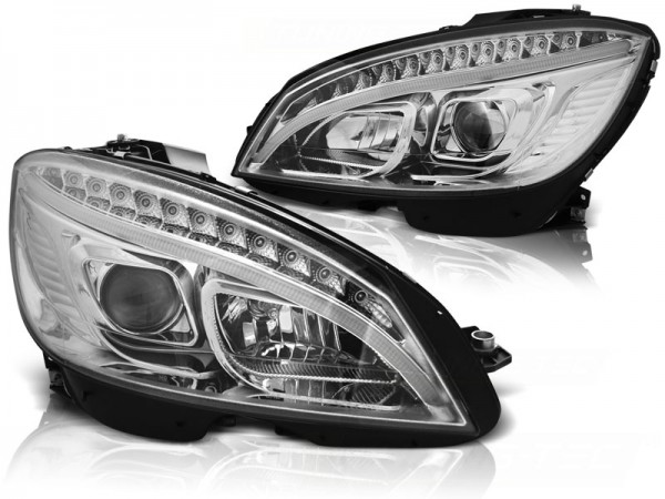 Scheinwerfer LED Tagfahrlicht Optik für Mercedes C-Klasse W204 Bj. 07-10 Chrom LTI