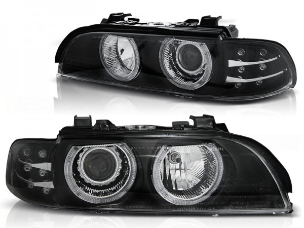 Scheinwerfer Angel Eyes für BMW 5er E39 Bj. 95-00 Schwarz mit LED Blinker