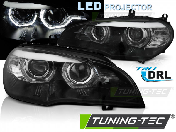 LED DRL Scheinwerfer 3D Angel Eyes für BMW X5 E70 Bj. 07-13 Schwarz