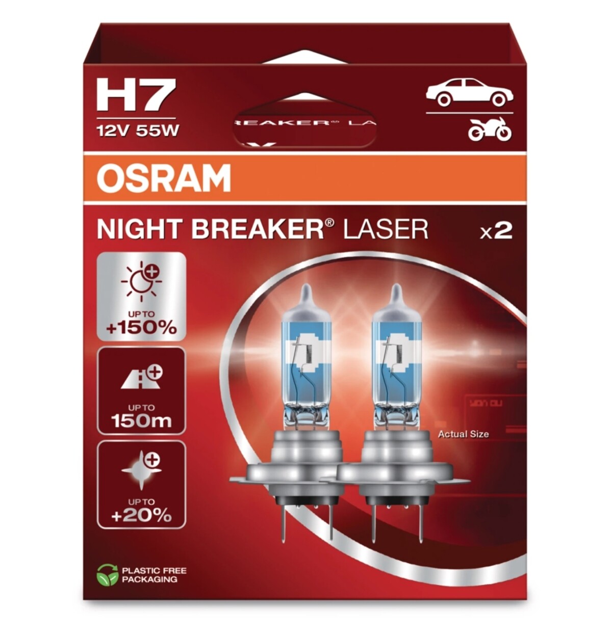 OSRAM Night Breaker Laser H7 55W +150% mehr Sicht 3700K Halogen 2er Set DUO BOX