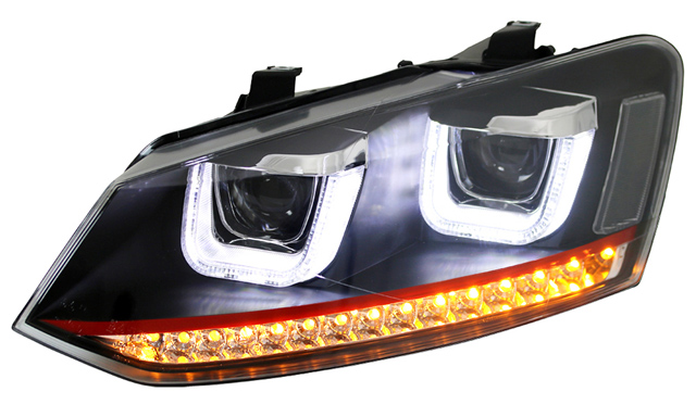 Scheinwerfer U-Tube LED Tagfahrlicht Optik für VW Polo 6R 6C Bj. 09-17 Schwarz mit rotem Streifen