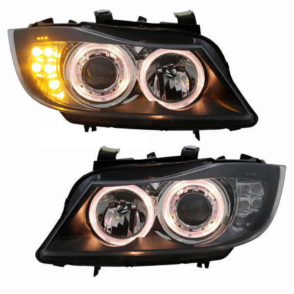Scheinwerfer Angel Eyes für BMW 3er E90 E91 Bj. 05-08 Schwarz mit LED Blinker
