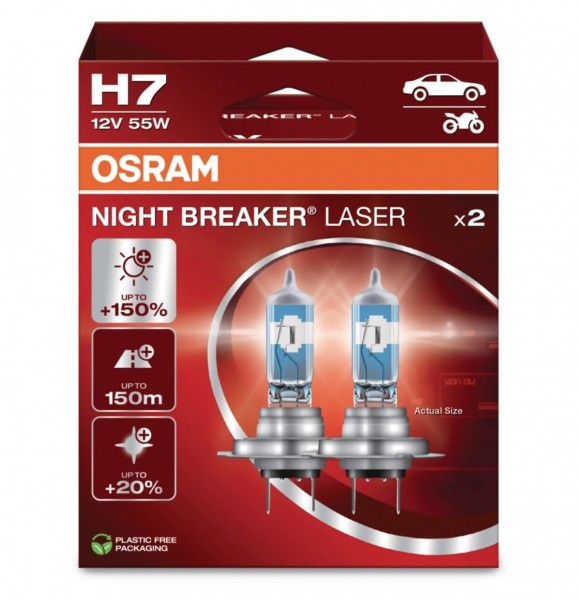 OSRAM NIGHT BREAKER LASER H7 55W +150% mehr Sicht 3700K Halogen 2er Set Duo Box