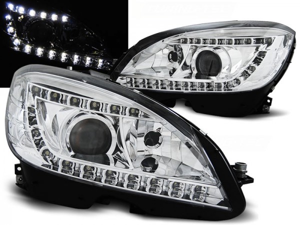 Xenon Scheinwerfer LED Tagfahrlicht Optik für Mercedes C-Klasse W204 Bj. 07-10 Chrom