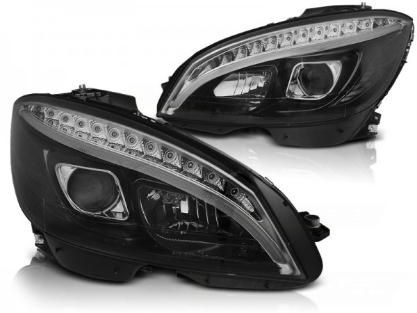 Scheinwerfer LED Tagfahrlicht Optik für Mercedes C-Klasse W204 Bj. 07-10 Schwarz LTI