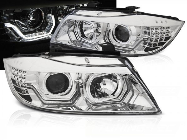 Scheinwerfer 3D Angel Eyes für BMW 3er E90 E91 Bj. 05-08 Chrom mit LED Blinker