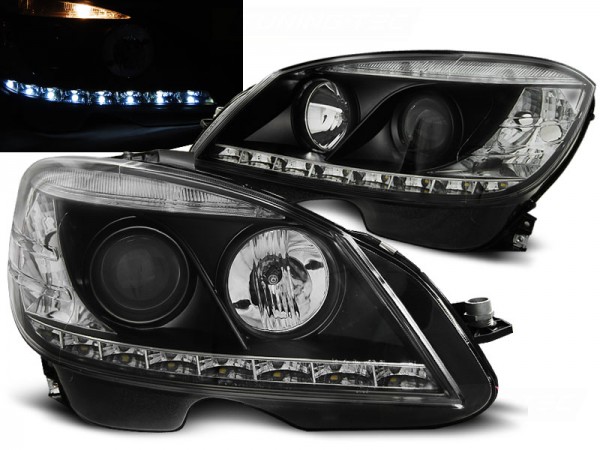 Scheinwerfer LED Tagfahrlicht Optik für Mercedes C-Klasse W204 Bj. 07-10 Schwarz