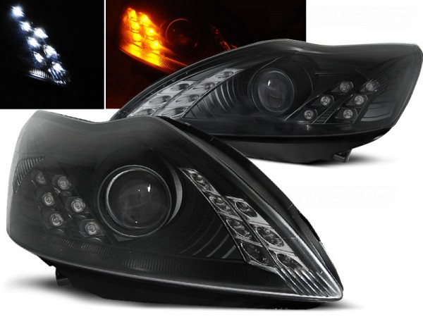 Scheinwerfer LED Tagfahrlicht Optik für Ford Focus MK2 Facelift Bj. 08-10 Schwarz