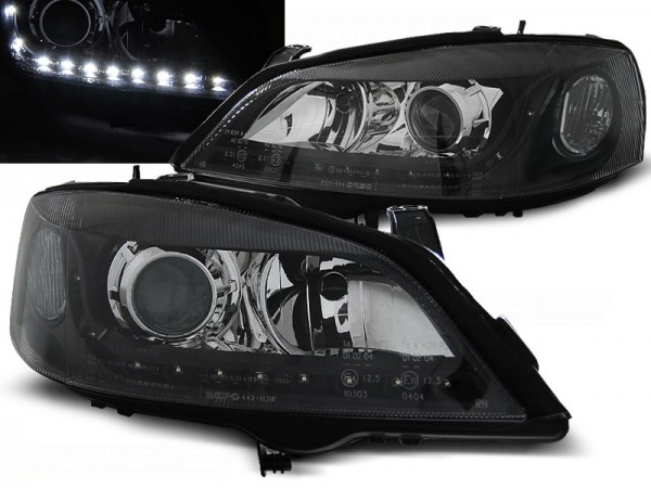 Scheinwerfer LED Tagfahrlicht Optik für Opel Astra G Bj. 98-05 Schwarz
