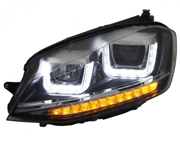 Scheinwerfer U-Tube LED Tagfahrlicht für VW Golf 7 Bj. 12-16 Schwarz Chrom mit LED Blinker