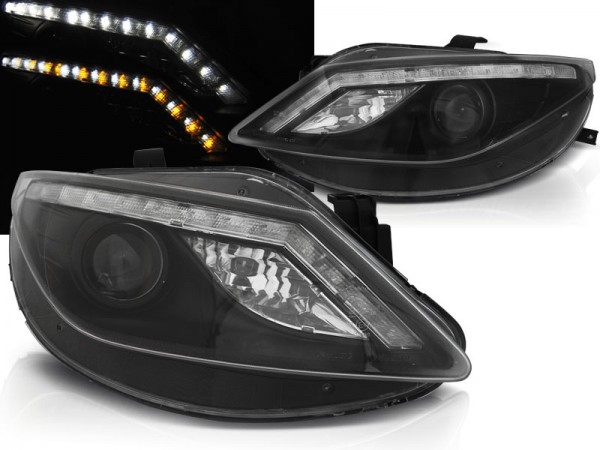 Scheinwerfer LED Tagfahrlicht Optik für Seat Ibiza 6J Bj. 08-12 Schwarz mit LED Blinker