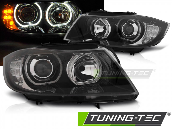 Scheinwerfer LED Angel Eyes für BMW 3er E90 E91 Bj. 05-08 Schwarz mit LED Blinker