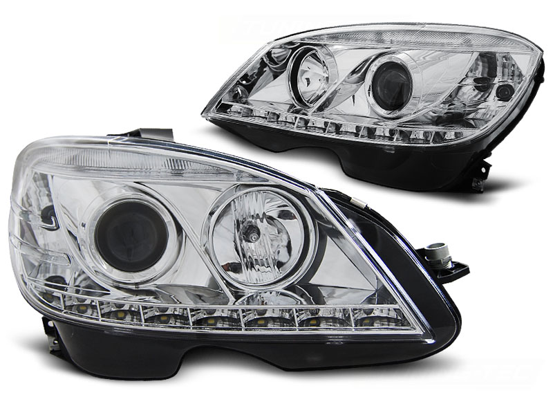 Scheinwerfer LED Tagfahrlicht Optik für Mercedes C-Klasse W204 Bj. 07-10 Chrom