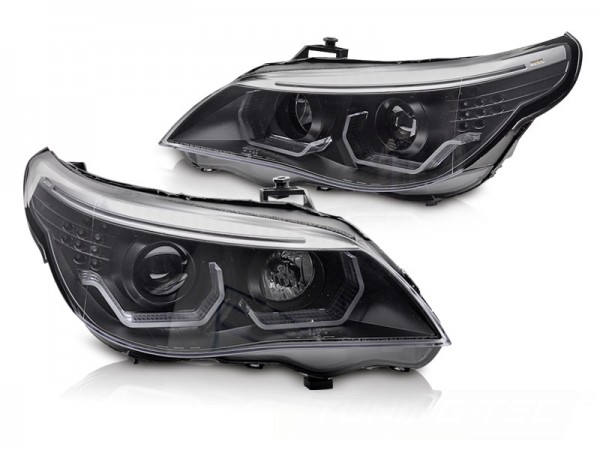 Scheinwerfer 3D Angel Eyes für BMW 5er E60 E61 Bj. 03-07 Schwarz mit LED Blinker