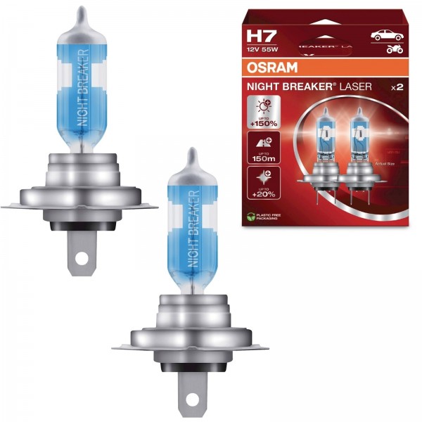 OSRAM NIGHT BREAKER LASER H7 55W +150% mehr Sicht 3700K Halogen 2er Set Duo Box