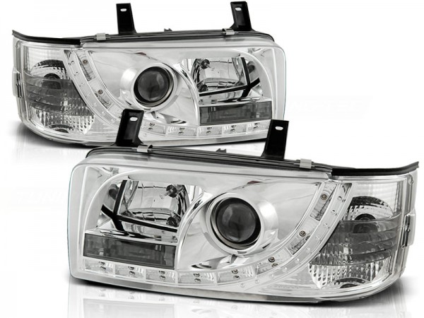 Scheinwerfer LED Tagfahrlicht Optik für VW T4 Bus Bj. 90-03 Chrom