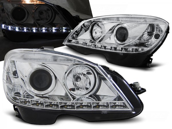 Scheinwerfer LED Tagfahrlicht Optik für Mercedes C-Klasse W204 Bj. 07-10 Chrom
