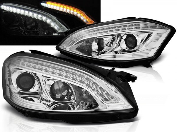 Xenon Scheinwerfer LED Tagfahrlicht Optik für Mercedes S-Klasse W221 Bj. 05-09 Chrom